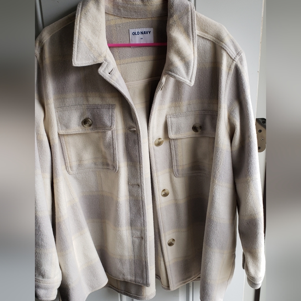 Old Navy Women's Shacket Purple Cream Plaid Cozy Coat Outerwear 2X